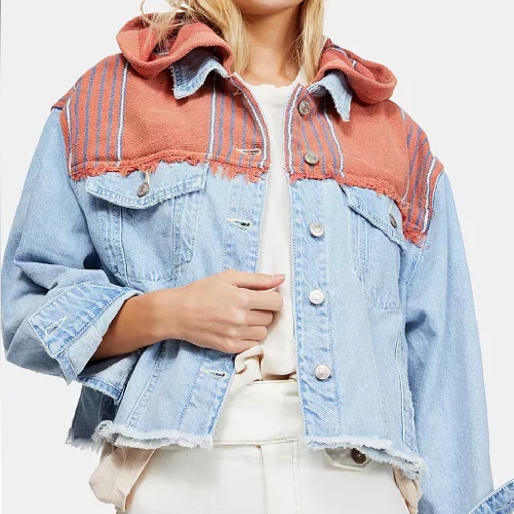 Free People Light Blue Denim Jacket with Rust Details